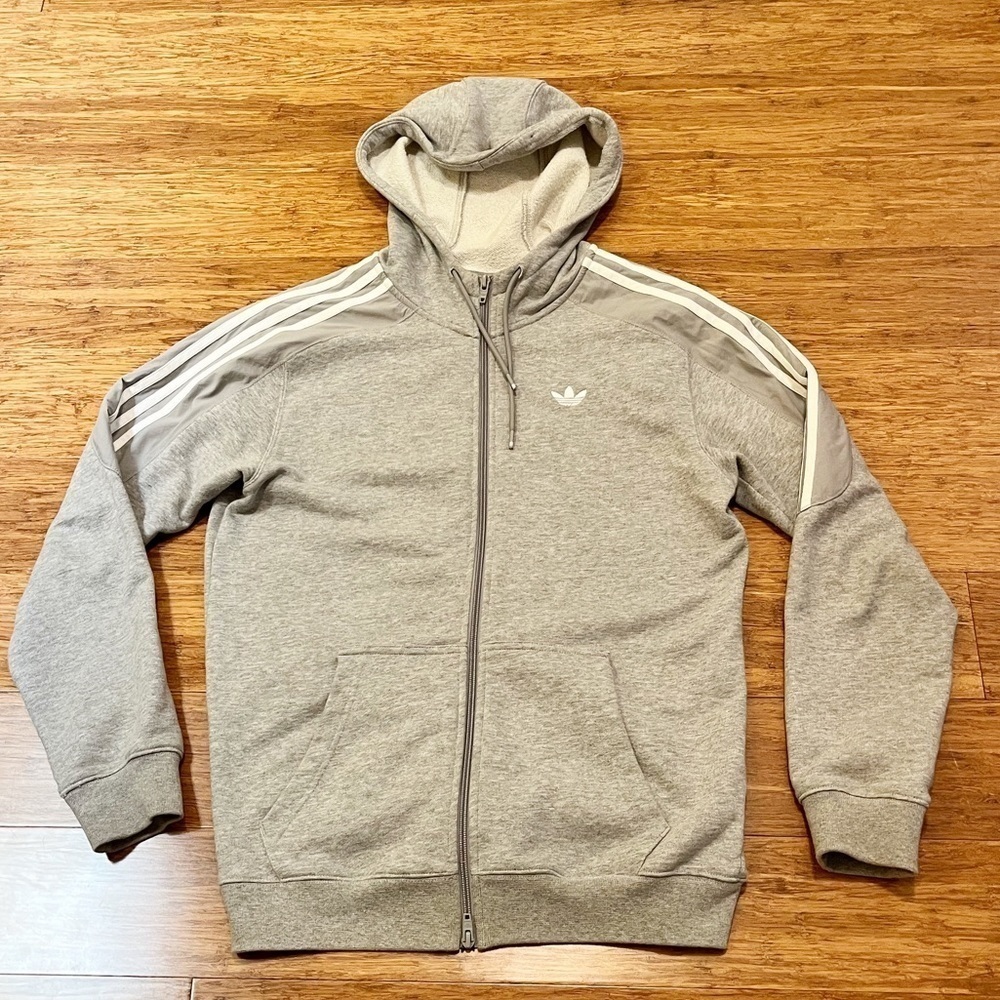 Adidas gray and white striped full zipper long sleeve sweatshirt jacket w/hood